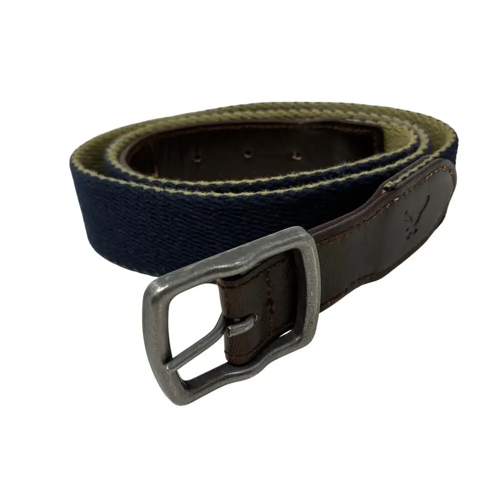 American Eagle Y2K Canvas Web Belt Tan Blue Reversible Brown Leather Trim Sz 38